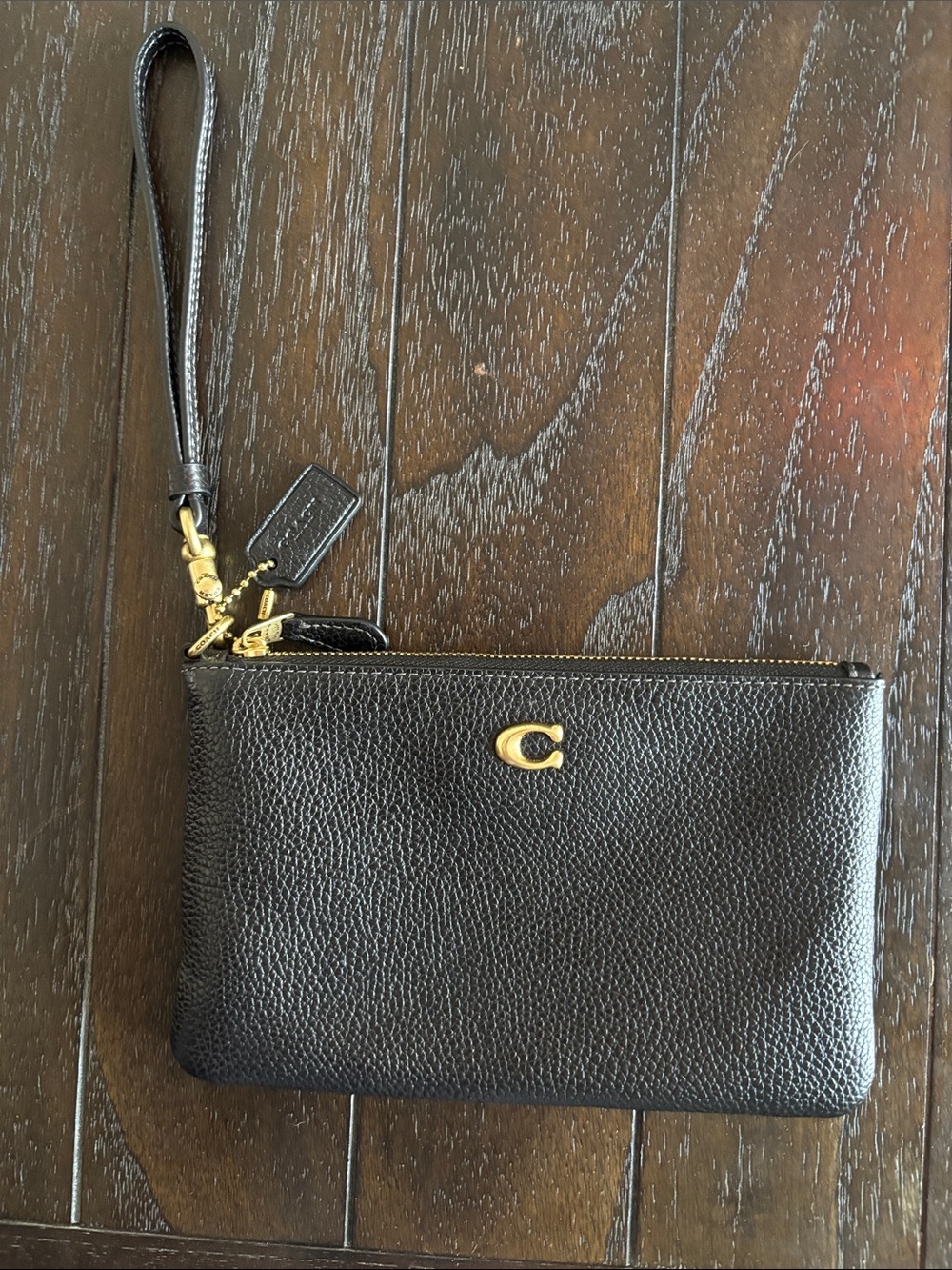 Coach Black Pebbled Leather Wristlet with Gold Hardware